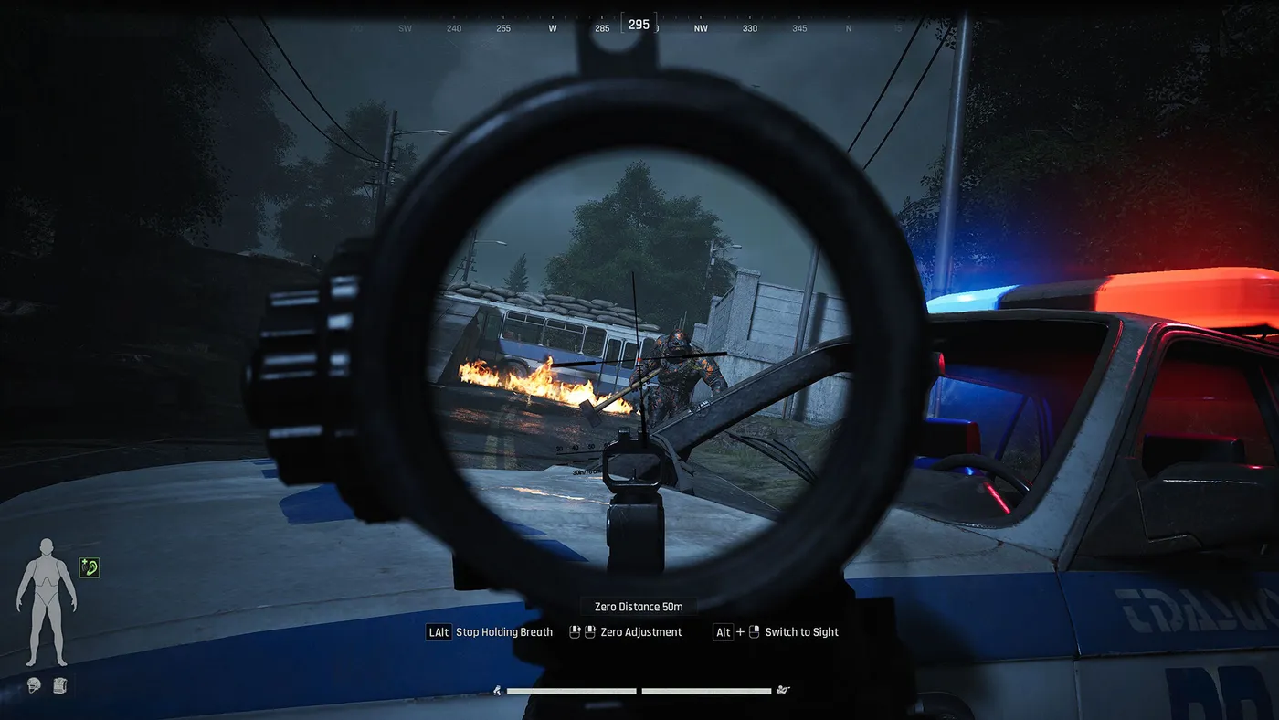 A scoped view of an enemy beside a police vehicle in Arena Breakout Infinite