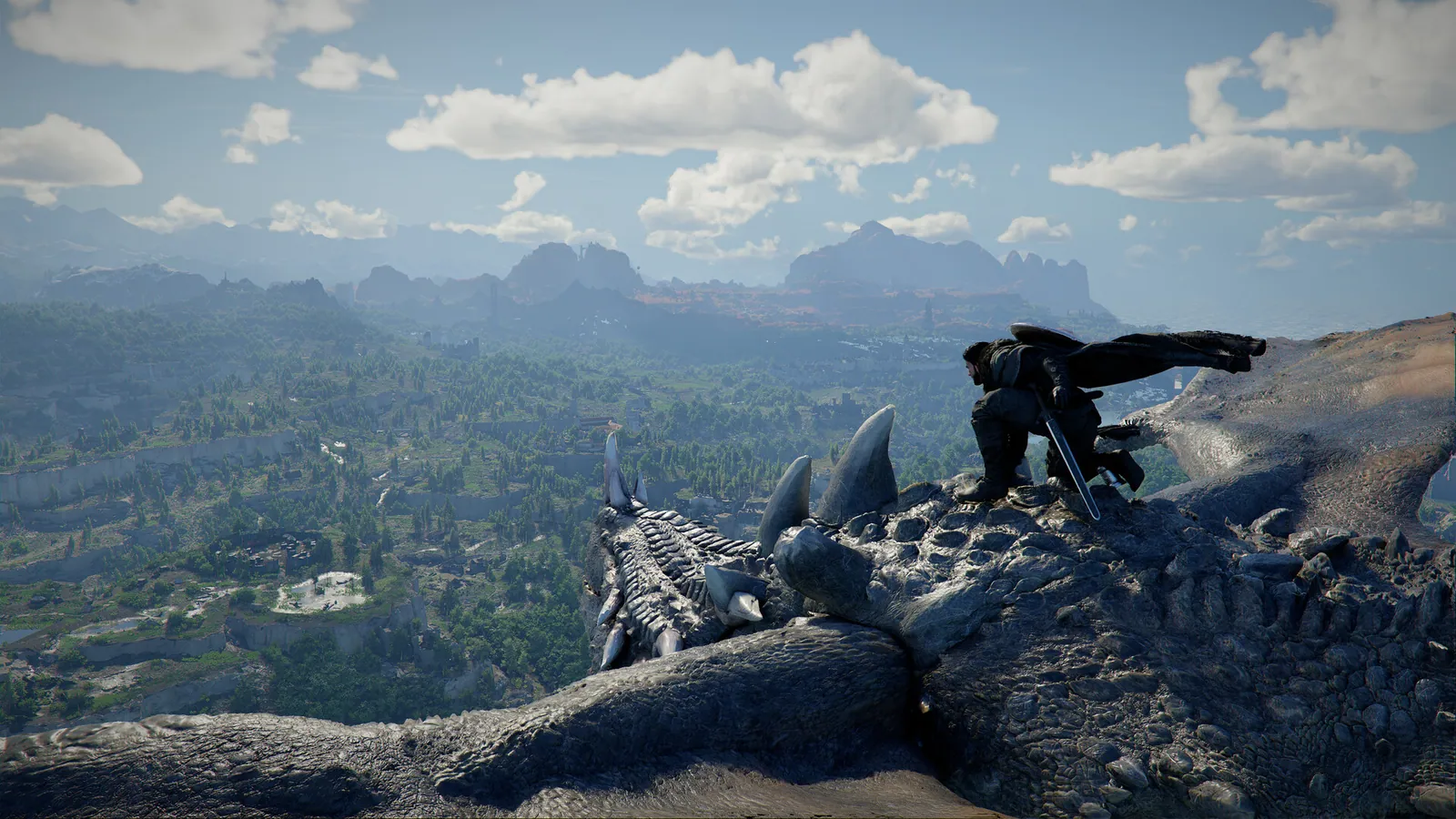 Kliff looking across the open world of Pywel from the back of a dragon