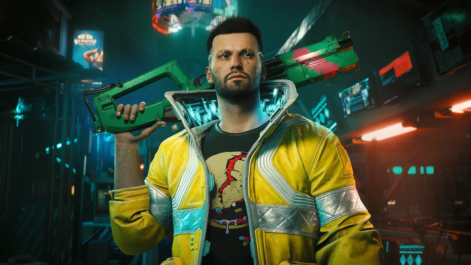 V standing in a neon-lit Night City workshop