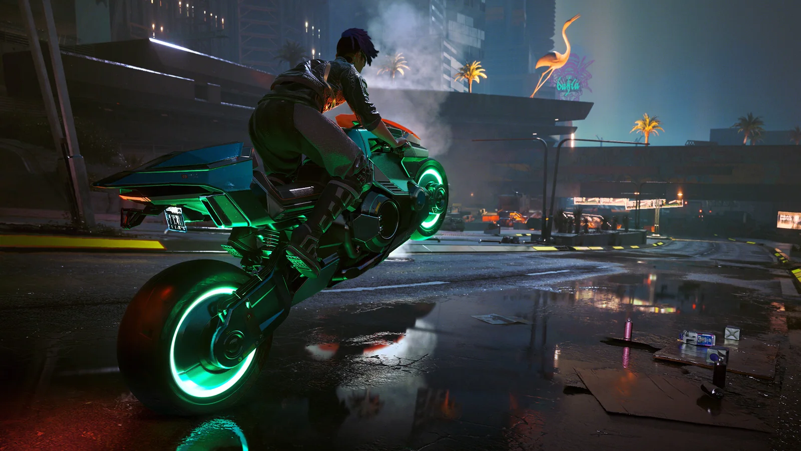 V riding a motorcycle during combat in Night City