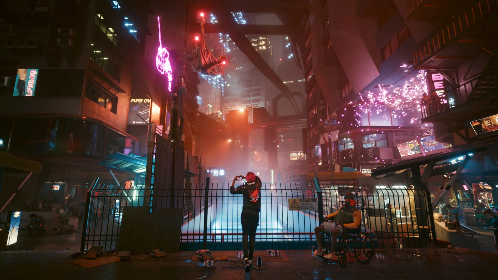 A neon-lit Night City street at night