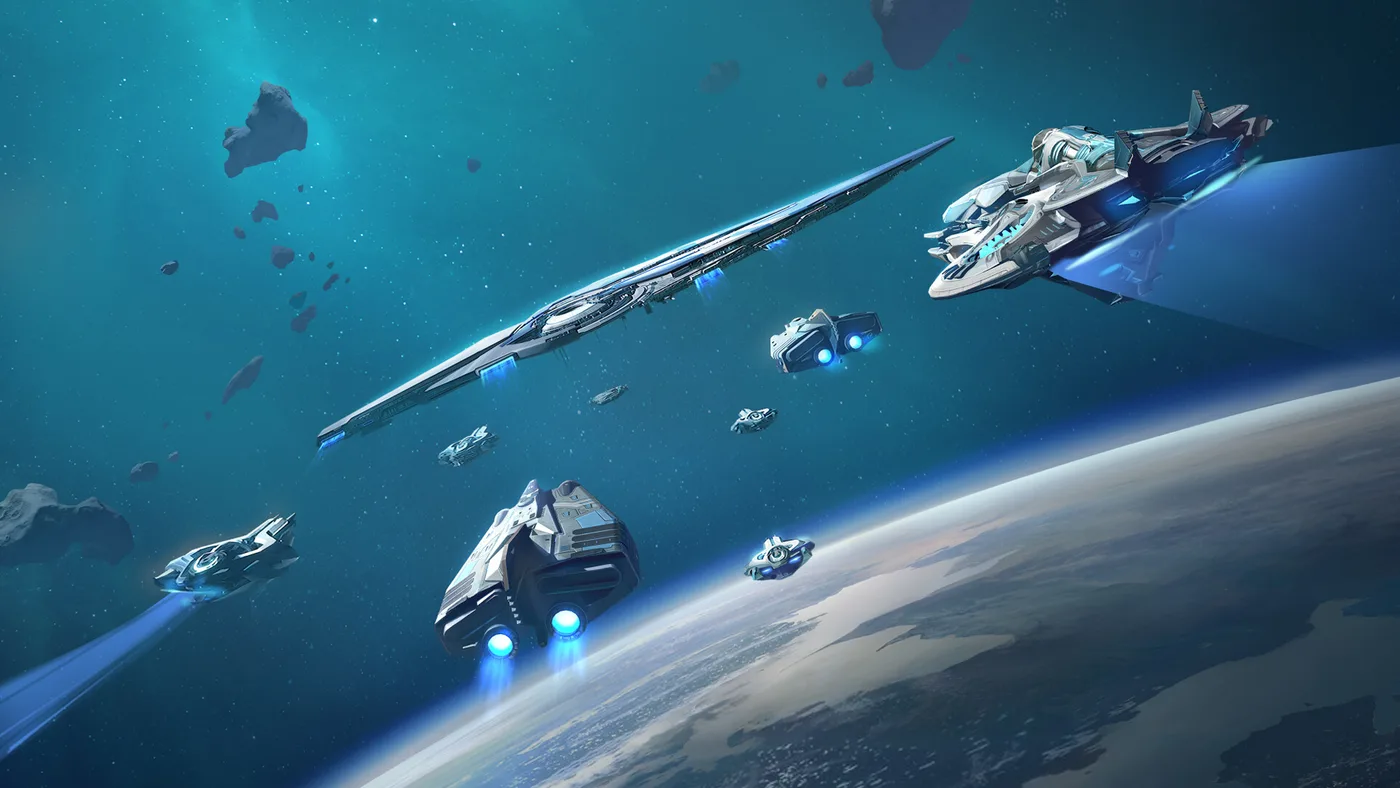 Foundation Galactic Frontier ships travelling above a planet