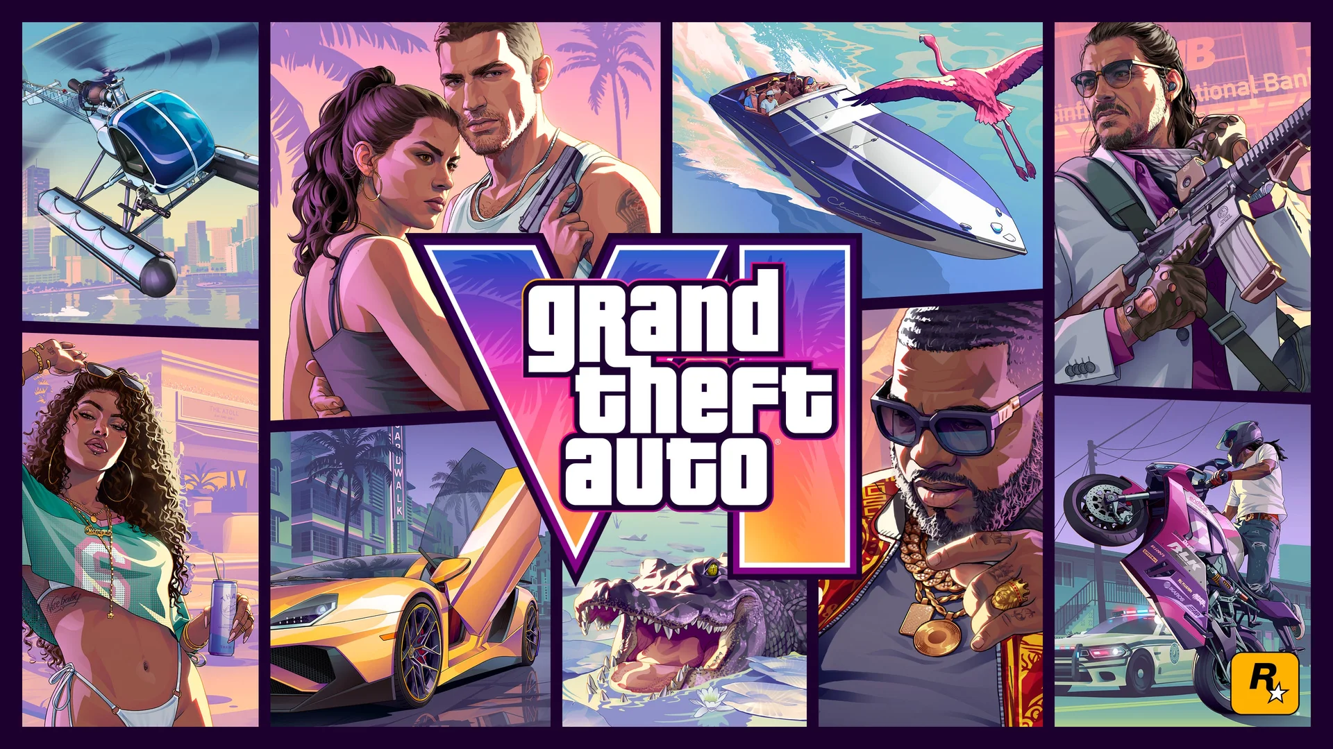 Official Grand Theft Auto VI cover artwork featuring Jason, Lucia and scenes from Leonida