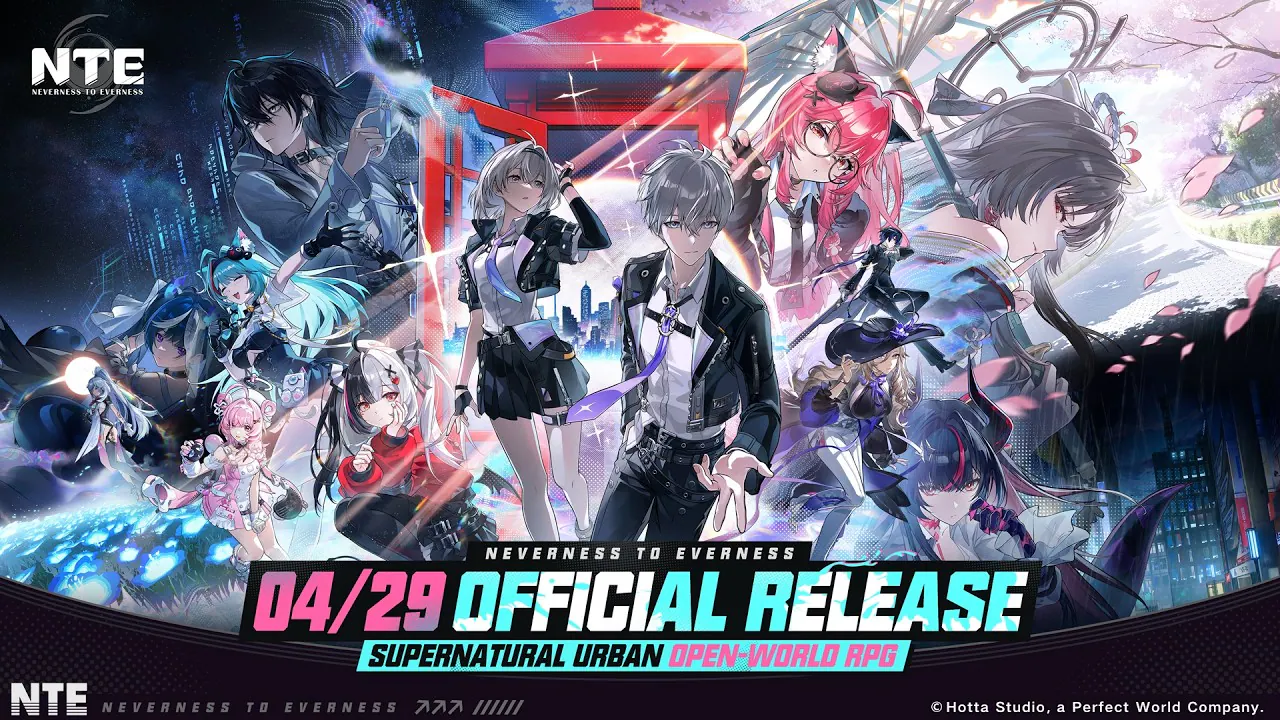 Neverness to Everness cast gathered around Hethereau in the official launch artwork