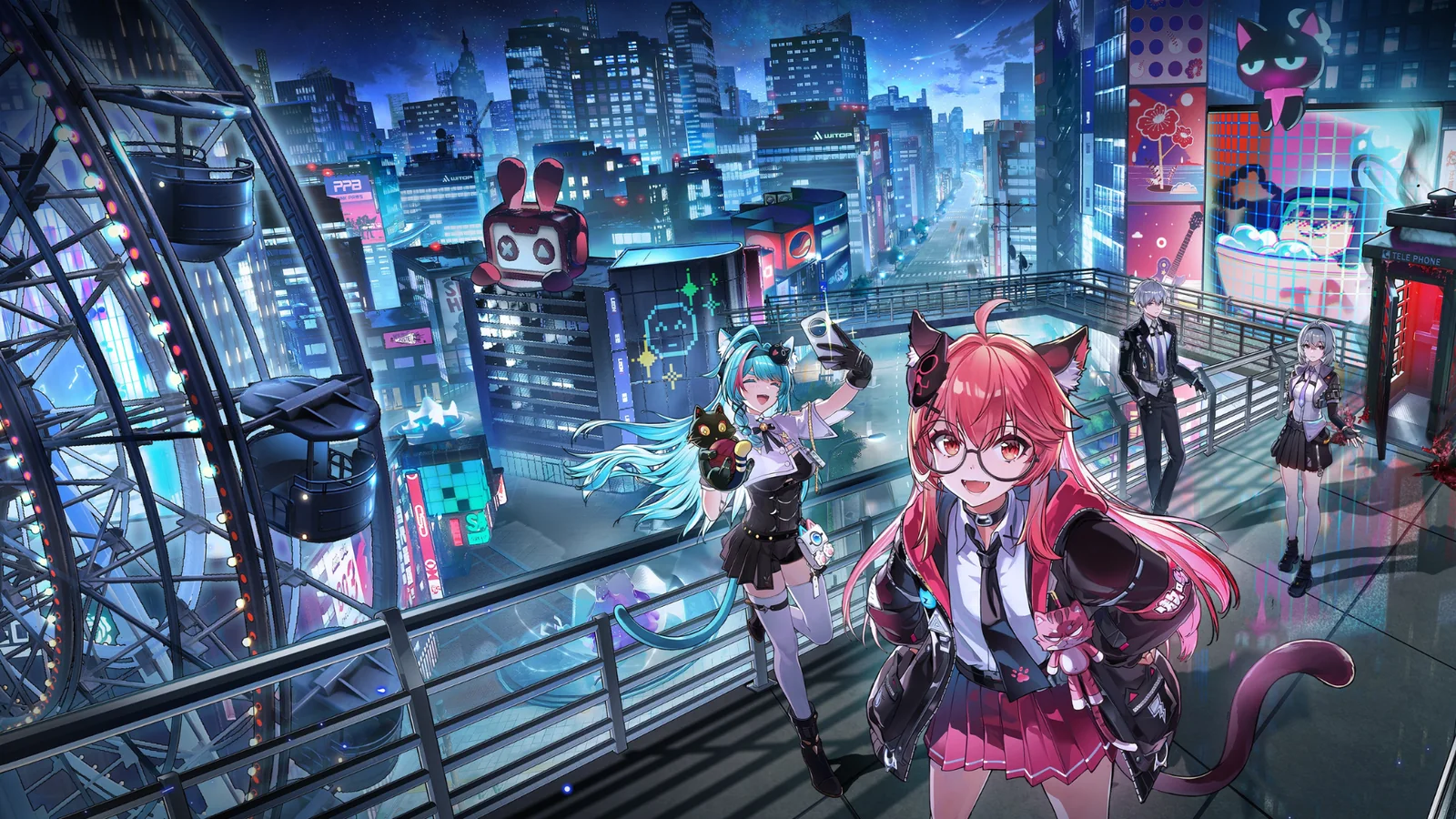 Neverness to Everness characters overlooking the neon city of Hethereau at night