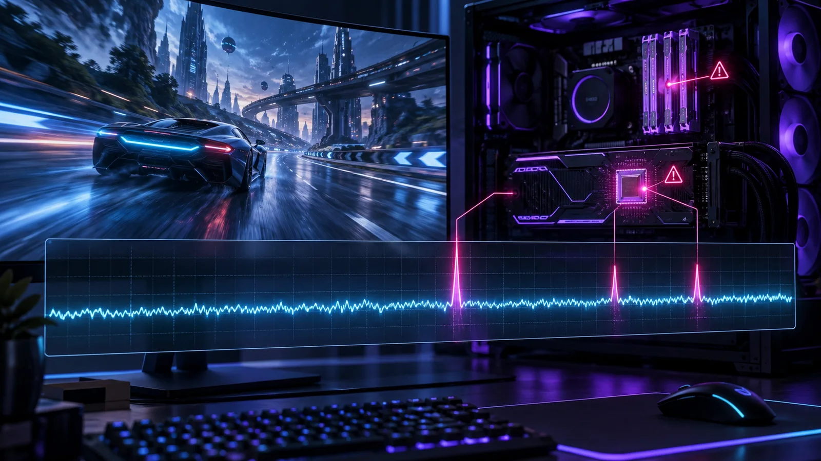 An original GamerigPro PC test bench visualization with frame-time spikes