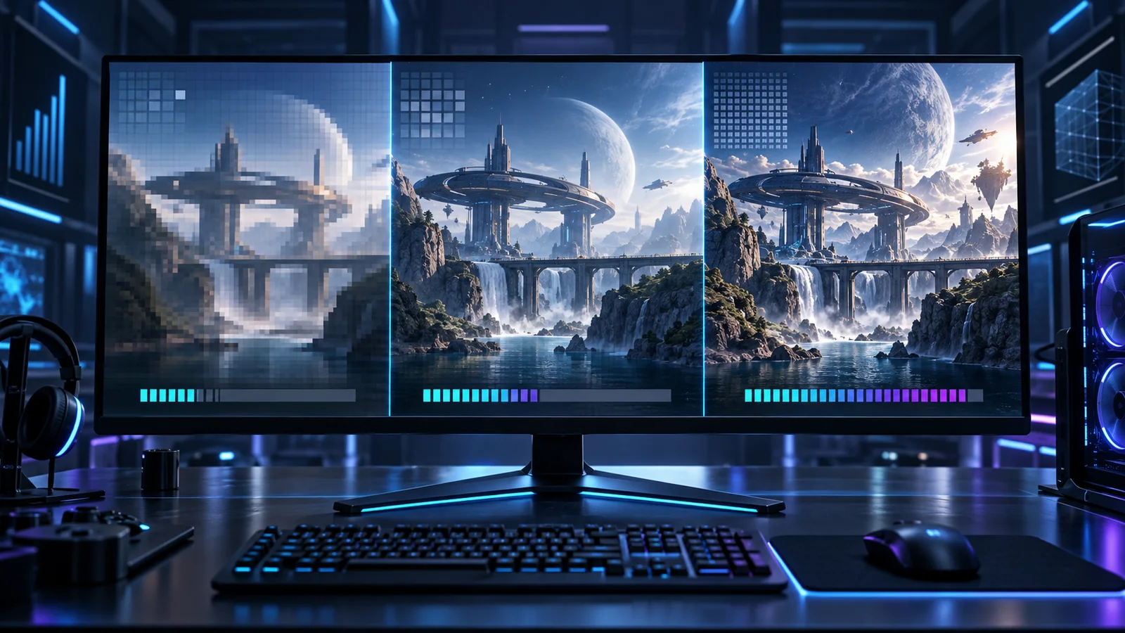 An original GamerigPro visualization comparing three levels of PC rendering detail