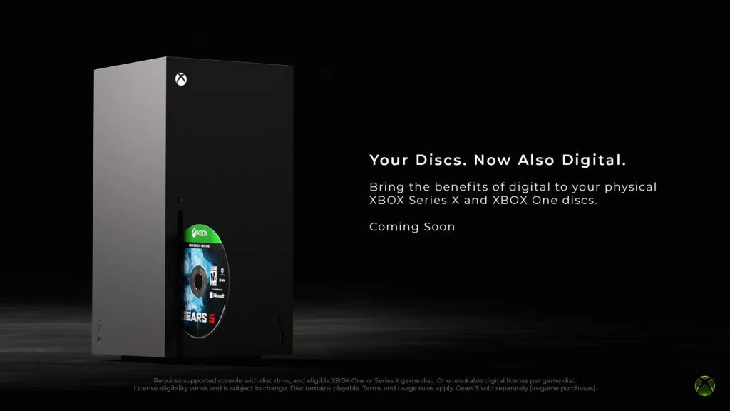 Xbox Series X beside a Gears 5 disc for the Xbox disc-to-digital feature