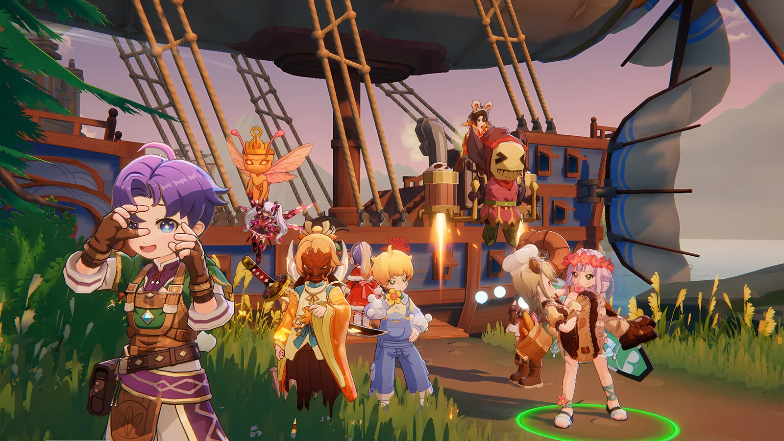 Ragnarok: The New World adventurers gathering beside an airship