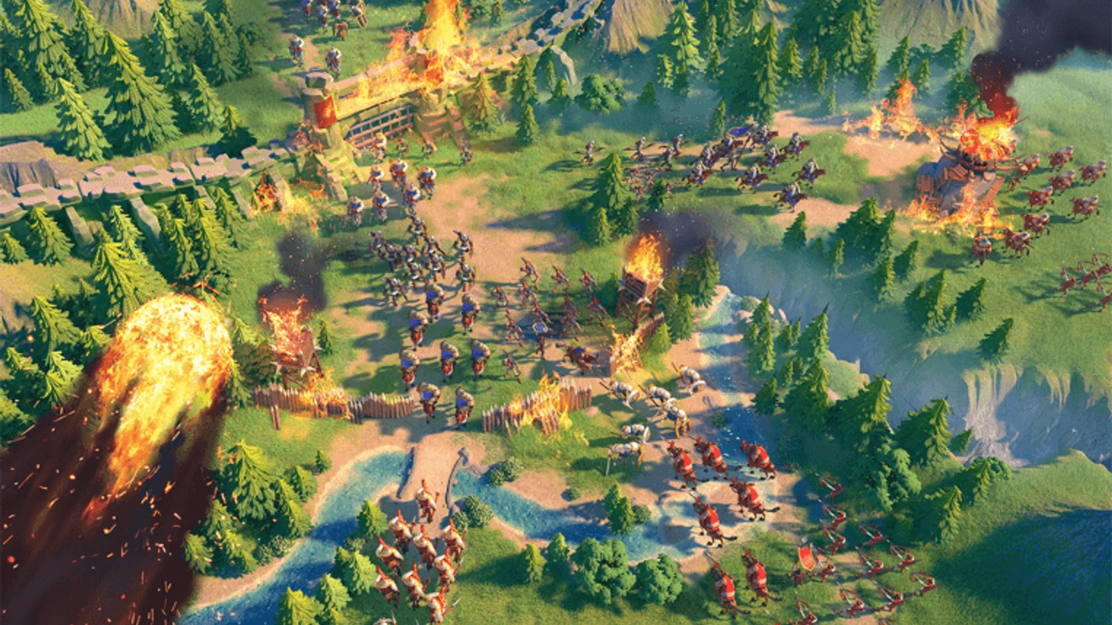Large armies fighting across a Rise of Kingdoms battlefield