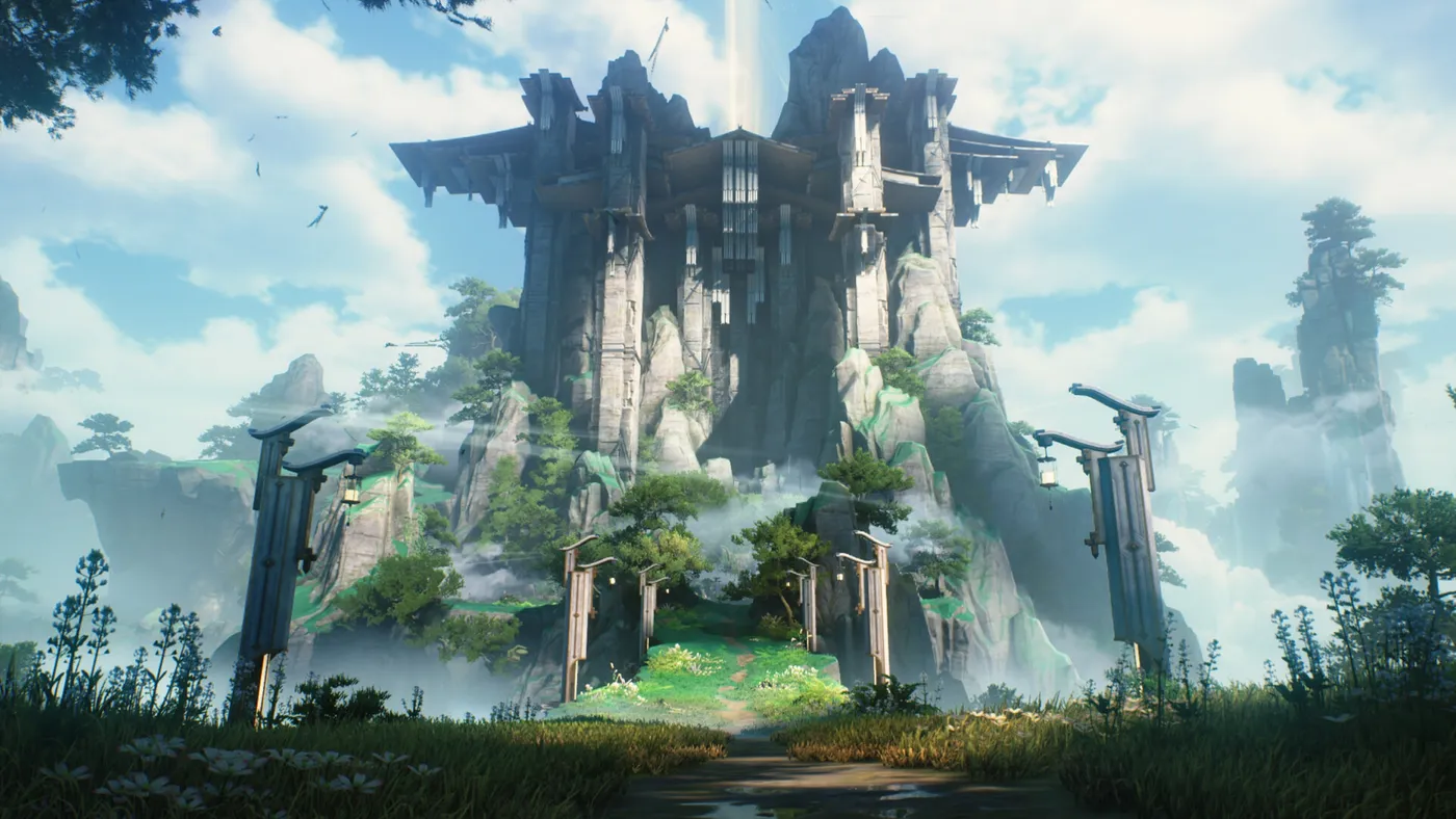 A mountain path leading to a large structure in Wuthering Waves