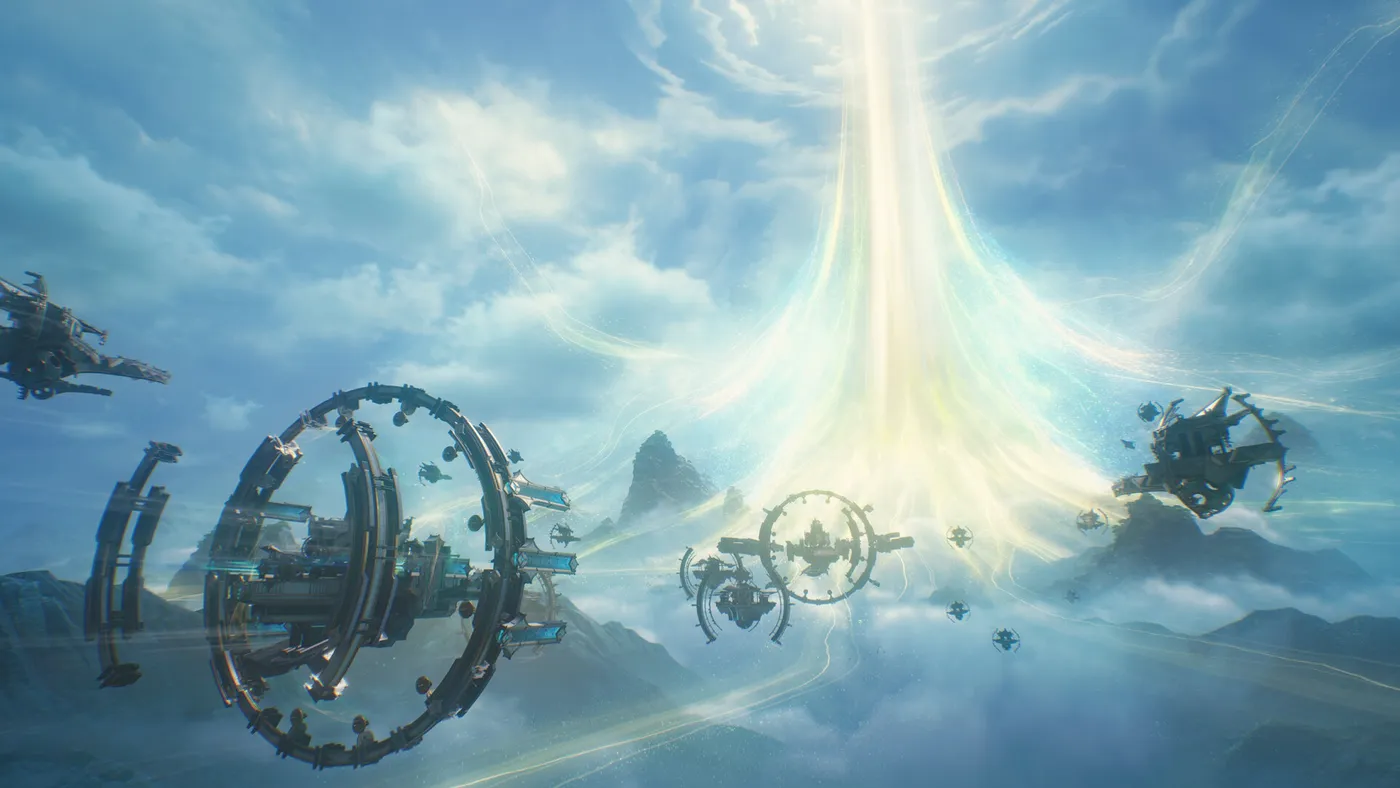 Floating structures surrounding a bright column of light in Wuthering Waves